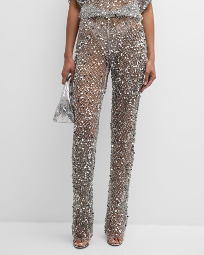 Lapointe Sequined Net Mesh Straight-leg Pants In Silver