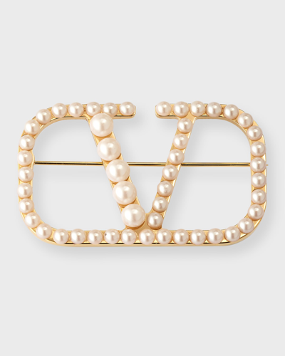 Valentino Garavani Pearly V Logo Brooch In Gold