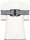 Twinset Short Sleeves High Neck Striped Sweater With Logo In White