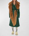 Burberry Belted Leather Trench Coat With Faux Fur Scarf In Ivy