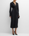 ST JOHN KNOT-WAIST LONG-SLEEVE SATIN CREPE MIDI SHIRTDRESS