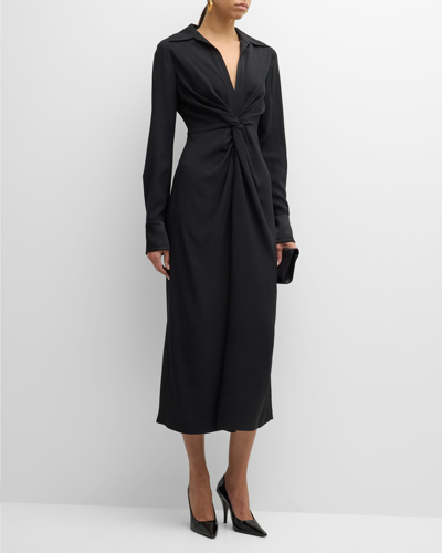 St John Knot-waist Long-sleeve Satin Crepe Midi Shirtdress In Black
