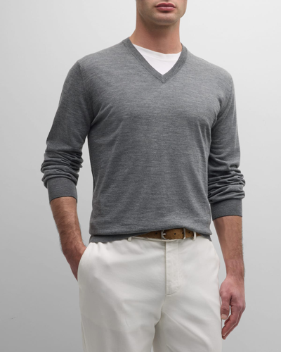 Brunello Cucinelli Fine Gauge Wool & Cashmere V-neck Sweater In Gray