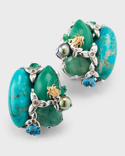Stephen Dweck Turquoise, Malachite, Emerald, Blue Topaz, Pearl And Champagne Diamond Earrings In Multi