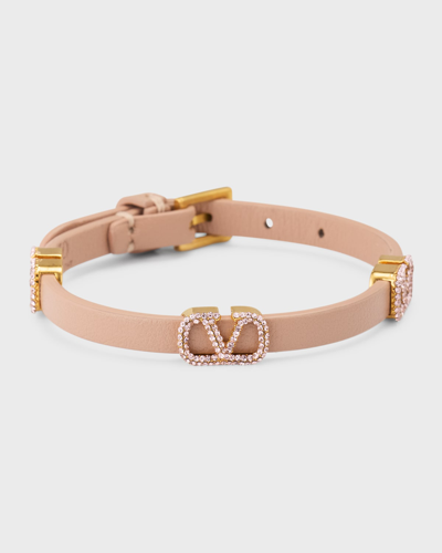 Valentino Garavani Strass V Logo Signature Leather Bracelet, Rose In Rose Cannelleclay