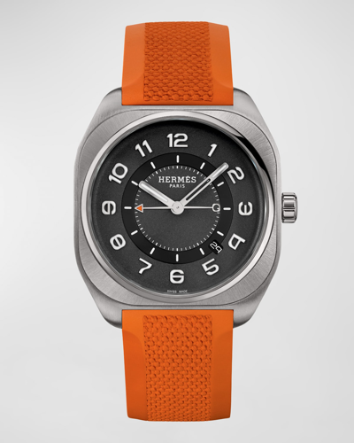 Herms 42mm Hermes H08 Watch In Brushed Titanium With Orange Rubber Strap