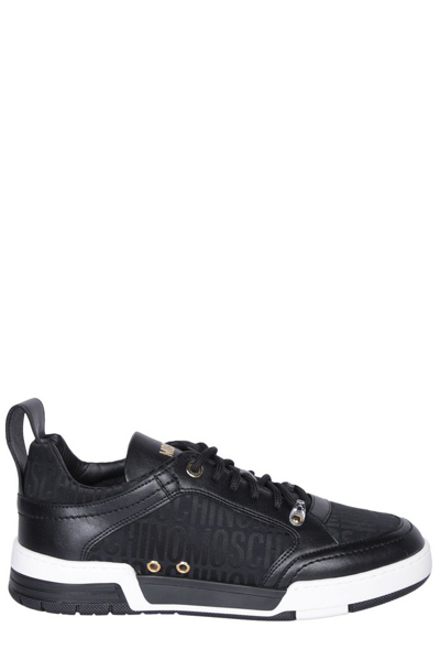 Moschino Logo-patterned Jacquard Leather Sneakers In Black