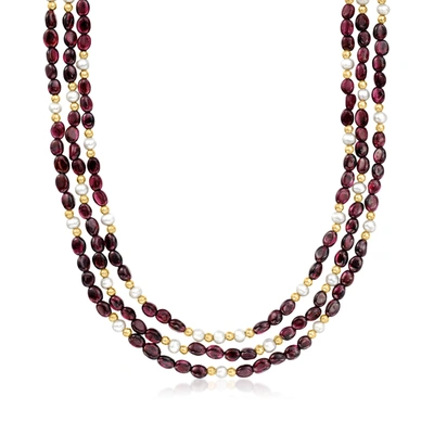 Ross-simons 4-5mm Cultured Pearl And Garnet Bead 3-strand Necklace With 18kt Gold Over Sterling In Red