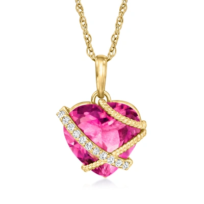 Ross-simons Pink Topaz Heart Pendant Necklace With Diamond Accents In 14kt Yellow Gold
