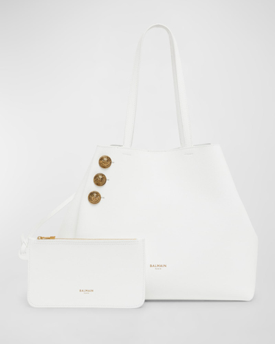 Balmain Embleme Leather Shopping Tote Bag In White