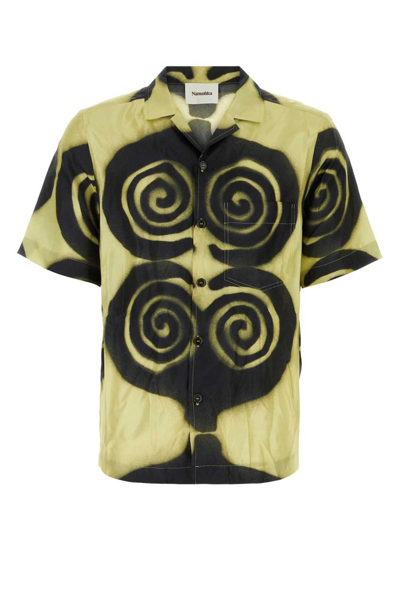 Nanushka Spiral Print Silk Shirt In Brown