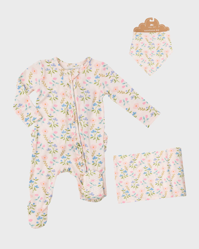 Angel Dear Kids' Girl's Pretty Floral Zip-up Footie W/bandana Bib And Blanket In Simple Pretty Flo