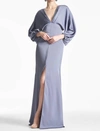 Sachin & Babi Gabby Beaded Blouson-sleeve Satin Gown In Grey