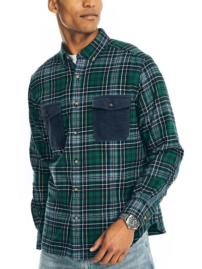 Nautica Mens Flannel Plaid Button-down Shirt In Green