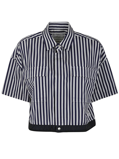 Sacai Short Sleeved Striped Cropped Shirt In Blue