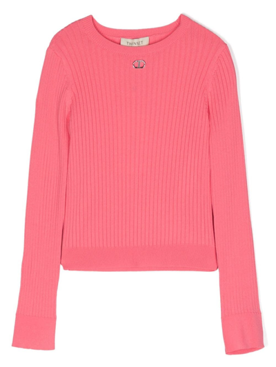 Twinset Kids' Logo-plaque Ribbed Jumper In Pink