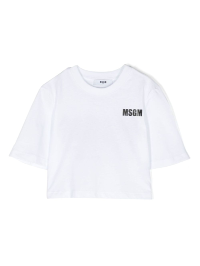 Msgm Kids' Logo-print Cropped T-shirt In White
