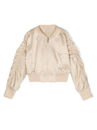 Twinset Kids' Bomber Con Rouches Beige In White