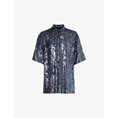 Dries Van Noten Mens Midnight Sequin-embellished Relaxed-fit Woven Shirt
