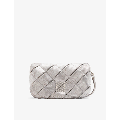Loewe Womens Silver Puffer Goya Mini Pleated Metallic Leather Shoulder Bag