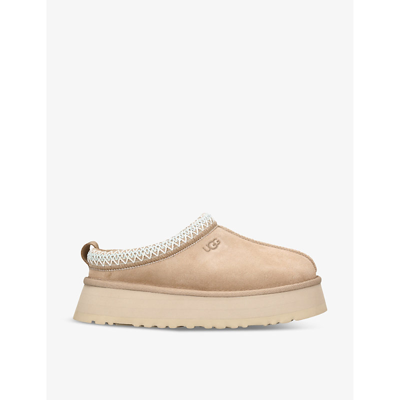 Ugg Tazz Wool-blend Fleece-lined Embroidered Suede Platform Slippers In Beige