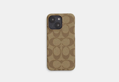 Coach Outlet Iphone 15 Case In Signature Canvas In Beige