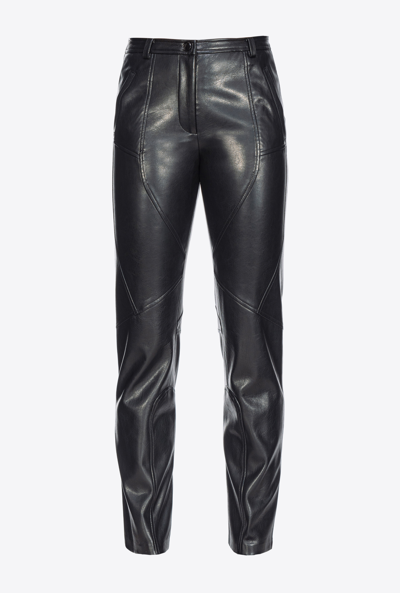 Pinko Crinkled Leather-effect Trousers In Limo Black