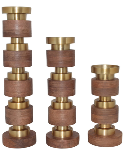 Sagebrook Home Elevarre Set Of 3 Hollis Wooden Candle Sticks In Brown