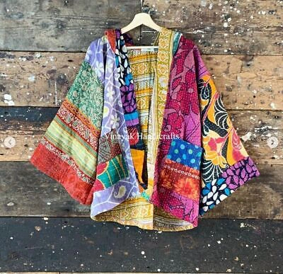 Pre-owned Handmade 5 Pcs Indian Patchwork Kantha Jacket, Soft Cotton Kantha Jacket, Colourful Coat In Multicolor