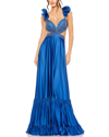 Mac Duggal Sequined Mesh Overlay Satin Dress With Ruffled Cap Sleeves And Beaded Bodice