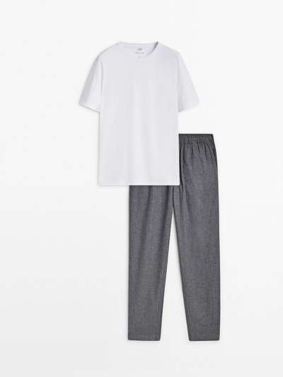 Massimo Dutti Striped Pyjama Bottoms And Short Sleeve T-shirt In White