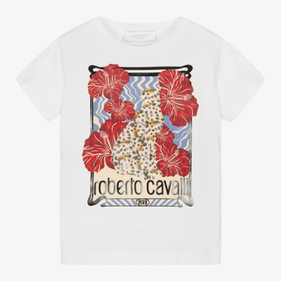 Roberto Cavalli Kids' Girls Ivory Jaguar Print Cotton T-shirt
