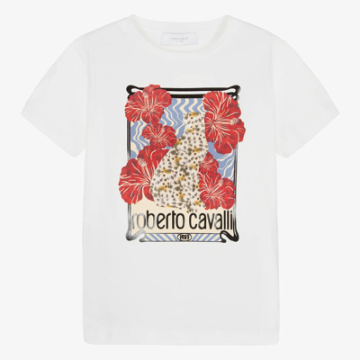 Roberto Cavalli Teen Girls Ivory Jaguar Print Cotton T-shirt