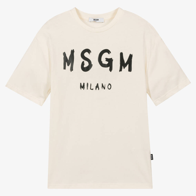 Msgm Teen Ivory Cotton Crew Neck T-shirt