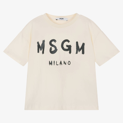 Msgm Kids'  Ivory Cotton Crew Neck T-shirt