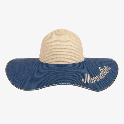Monnalisa Kids' Girls Blue & Beige Straw Sun Hat