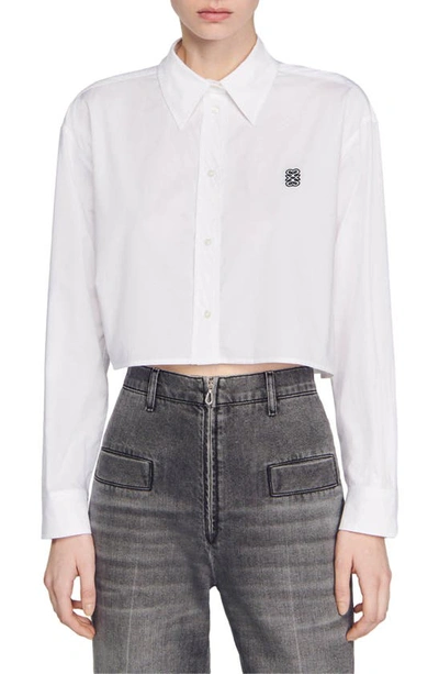 Sandro Womens Naturels Logo-embroidered Cropped Cotton Shirt In White