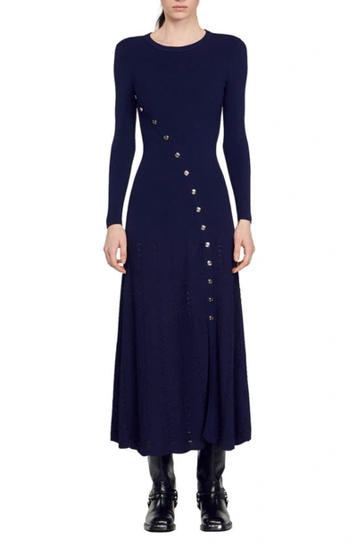 Sandro Jared Button Detail Midi Dress In Deep Blue