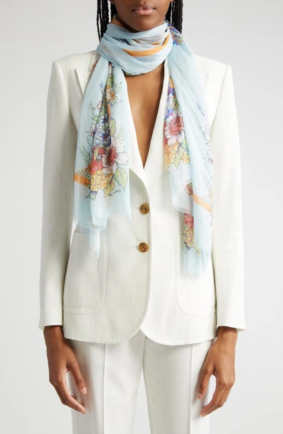 Etro Floral-print Silk Scarf In Print On Pale Blue Base