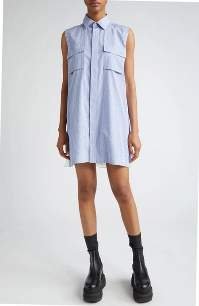 Sacai X Thomas Mason Stripe Sleeveless Mini Shirtdress In L/ Blue Stripe