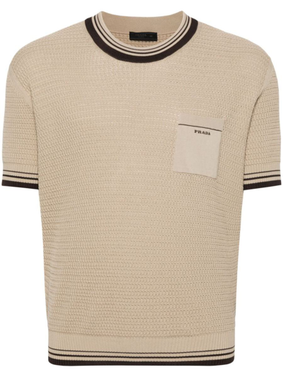 Prada Embroidered-logo Knitted T-shirt In Kaki+ebano