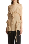 Khaite Piet Cascading-ruffle Sleeveless Tunic Top In Beige