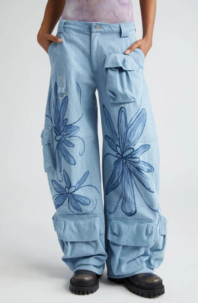 Collina Strada Garden Denim Cargo Trousers In Flower Burst Blue