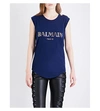 Balmain Button-embellished Printed Cotton-jersey Top In Marine
