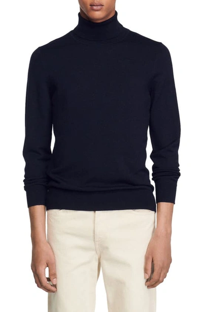Sandro Turtleneck Fine-knit Wool Jumper In Navy Blue