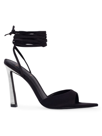 Black Suede Studio Women's Terina Satin High Heel Sandals In Black Washed Denim / Silver Metallic Leather Heel