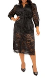 Buxom Couture Floral Tie Belt Lace Midi Shirtdress In Black