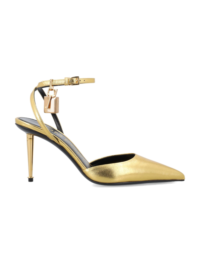 Tom Ford Laminated Nappa Leather Padlock Sandal In Gold