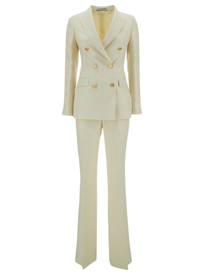 TAGLIATORE BEIGE DOUBLE-BREASTED SUIT WITH GOLDEN BUTTONS IN LINEN WOMAN