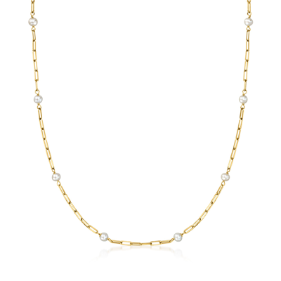 Rs Pure By Ross-simons 3-4mm Cultured Pearl And 14kt Yellow Gold Paper Clip Link Station Necklace